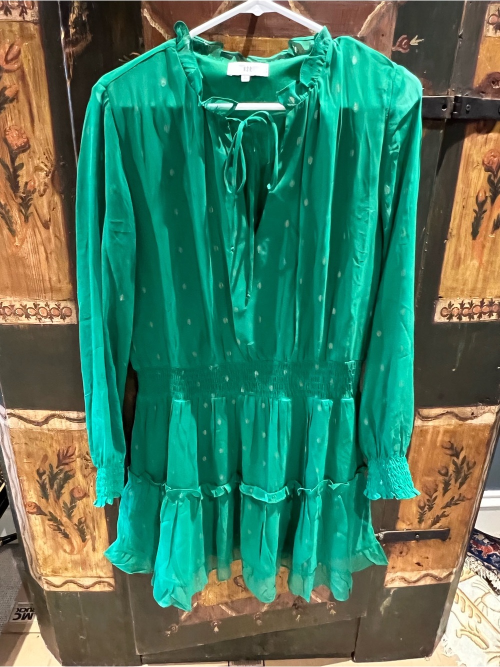 NSR Emerald Green Ruffle Tie-Neck Long Sleeve Tunic